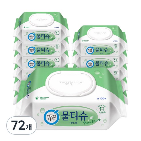 깨끗한나라 물티슈 퓨어 그린 캡형, 3.2g, 100매입, 72개