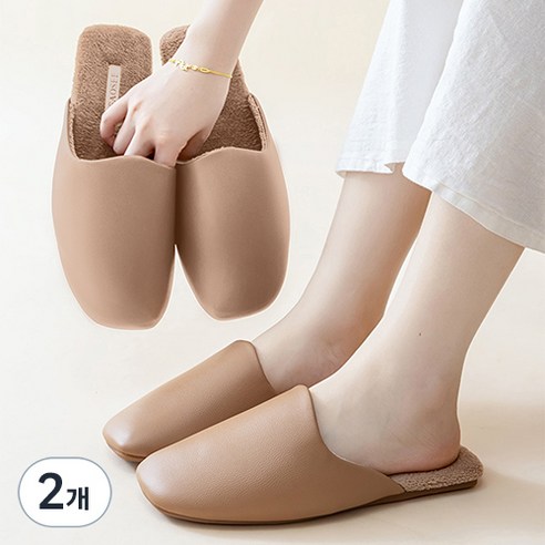 오브메종 여성용 고급 가죽 실내 융털 보온 슬리퍼, Beige, 2개
