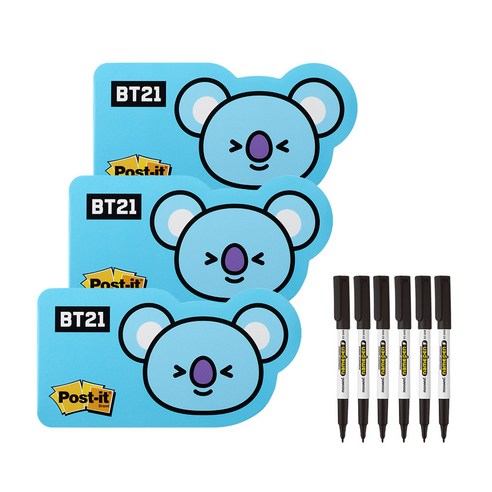 쓰리엠 포스트잇 점착용 모양 노트 654-BT21 3p + 네임펜 F 6p 세트, 코야(노트), 블랙(네임펜), 1세트