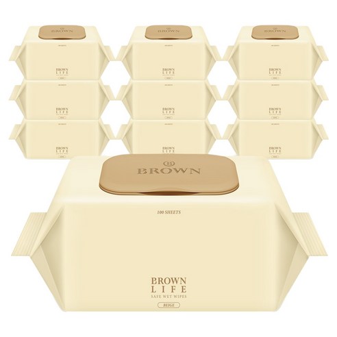 브라운라이프 베이지 도톰한 아기 물티슈 대용량 엠보싱 저자극 캡형, 50g, 100매, 10개