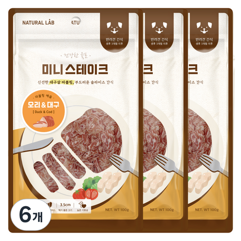 내츄럴랩 미니 스테이크 져키 강아지 간식, 혼합맛(오리/대구), 100g, 6개