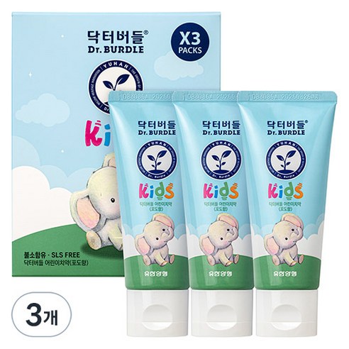 유한양행 닥터버들 어린이 치약 포도향, 180g, 3개
