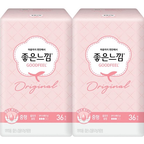 좋은느낌 오리지널 울트라슬림 생리대 날개형, 중형, 36개입, 2개
