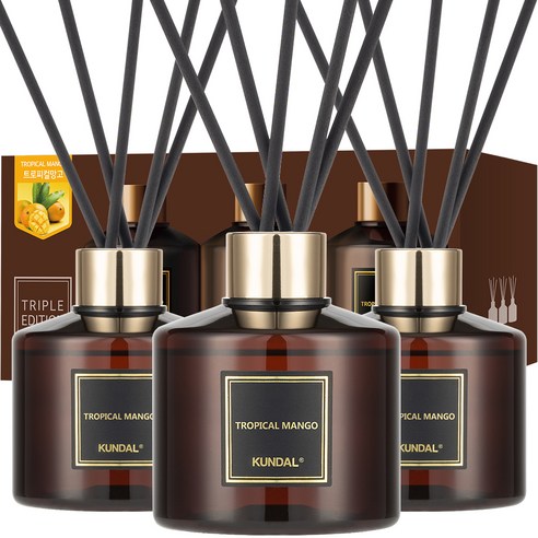 쿤달 퍼퓸 디퓨저 200ml 3개 + 섬유스틱 15개 세트, 트로피컬망고향