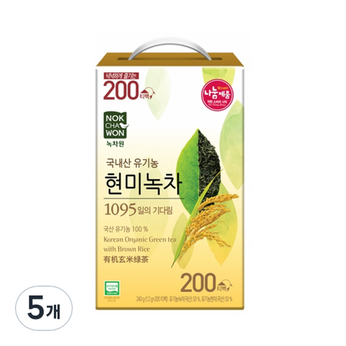 녹차원 국내산 유기농 현미녹차 티백, 1.2g, 200개입, 5개