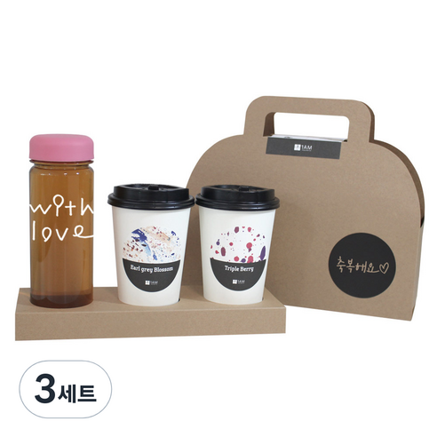 1AM 쥬뗌므 프리미엄 크라프트 with lvoe 분홍뚜껑 보틀 블랜딩차세트, 크라프트 패키지 + 티백세트(테이크아웃잔 2p + 얼그레이 블라썸 3p + 트리플 베리 3p) + with love 보틀 스티커 + 트라이탄 보틀 + 축복해요 패키지 스티커, 3세트