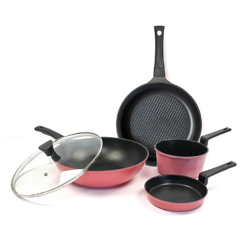 키친아트 본 후라이팬 5종 세트, 핑크, 프라이팬 + 궁중팬 + 뚜껑 28cm + 에그팬 16cm + 소스팬 16cm, 1세트