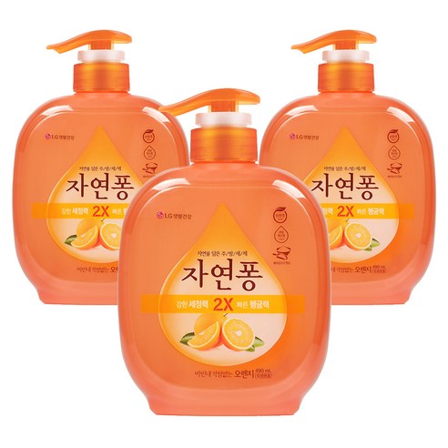 [비건라이프] 자연퐁 비린내 걱정없는 주방세제 오렌지 펌프타입, 490ml, 3개