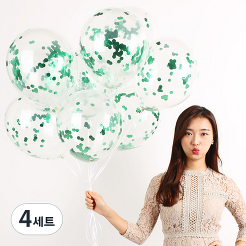 파티해 메탈릭 컨페티풍선 20p + 손펌프 랜덤발송 +컬링리본 + 스펀지닷 세트, 그린, 4세트