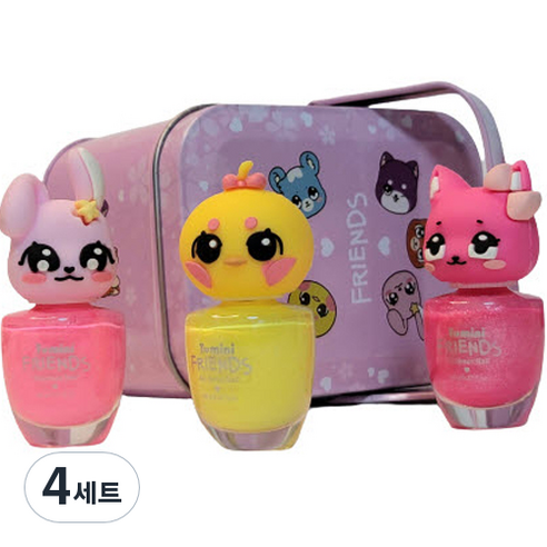 투미니 프렌즈 수성 매니큐어 고양이 + 병아리 + 토끼 + 틴케이스 세트, 트윙클핑크(고양이)+레몬옐로우(병아리)+피치핑크(토끼), 4세트