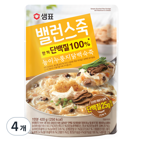 샘표 밸런스죽 능이누룽지닭백숙죽, 420g, 4개