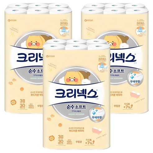 크리넥스 순수소프트 카카오프렌즈 천연펄프 3겹 고급롤화장지, 30m, 30개입, 3개
