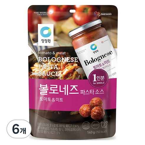 청정원 싱글 파우치 볼로네즈 토마토 파스타소스, 6개, 140g