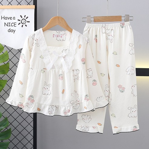 우주아이 여아용 저학년 래빗 레이스 프릴 잠옷 상의 + 하의 세트