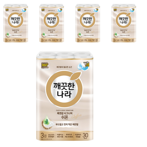 깨끗한나라 촉앤감 시그니처 쉬폰 천연펄프 3겹 고급롤화장지, 27m, 30개입, 5개