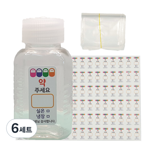 신도공업 일회용 단뚜껑 약병 PET 딱딱이 20cc + 스티커 96p + 지퍼백 100p 세트, 6세트