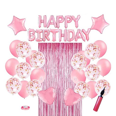 생일 파티 풍선 + 손펌프 + 풍선테이프 세트, 01 해피벌스데이 핑크, 1세트