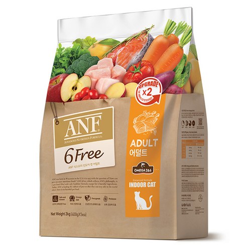 ANF 생후 12개월 이상 식스프리 인도어 캣 어덜트 건식사료, 2kg, 1개