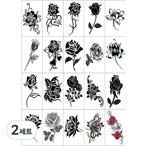 3D 입체문신 장미 꽃 타투 스티커 블랙꽃 20종 세트, 혼합색상, 2세트