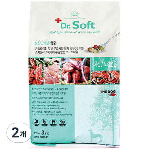 닥터소프트 더독 치킨 7세 이상 시니어 노령견용 사료, 닭, 3kg, 2개