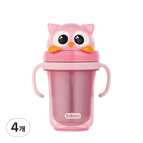 에디슨 프렌즈 흘림방지 이중 스텐 빨대컵 2 300ml, 부엉이 핑크, 4개