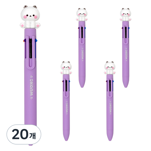 다꾸 캐릭터 우옹이 6색 볼펜 0.7mm, 화이트 고양이, 20개