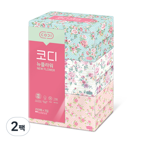 코디 뉴플라워 천연펄프 미용티슈 250매, 3입, 2팩