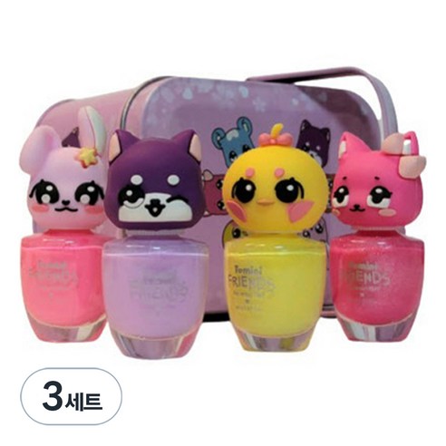 투미니 프렌즈 수성 매니큐어 고양이 + 병아리 + 강아지 + 토끼 + 틴케이스 세트, 트윙클핑크(고양이), 레몬옐로우(병아리), 라벤더(강아지), 피치핑크(토끼), 3개