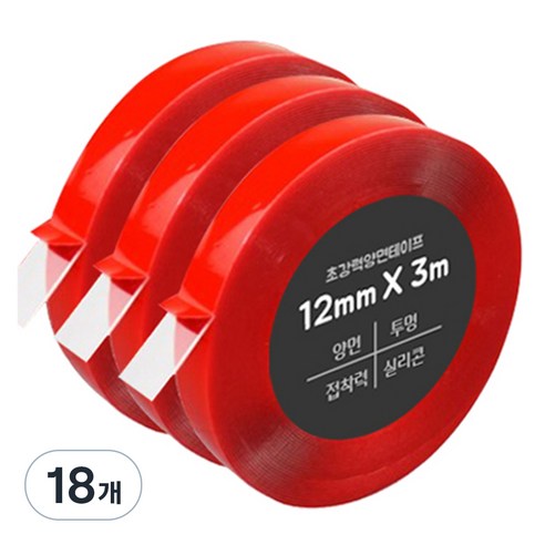 다다 초강력 양면테이프 12mm x 3m, 투명, 18개