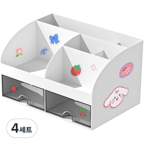 투코비 다용도 수납정리함 심플 데스크 오거나이저 6홀더 2서랍 + 데코스티커 세트, 혼합색상, 4세트