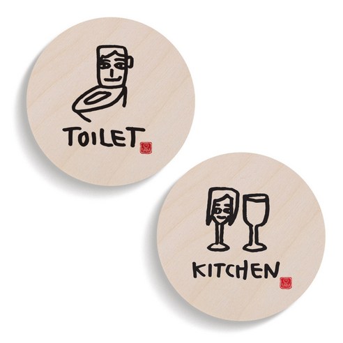 1AM 캘리그라피 도어 사인 원형 TOILET 세트, KITCHEN 여자