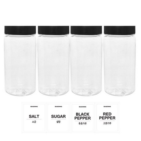 홈앤라이프 투명원형 PET 양념통 350ml 세트, 1세트, 양념통 4p + 검정캡 4p + 스티커 4p(소금 + 설탕 + 후추 + 고춧가루)