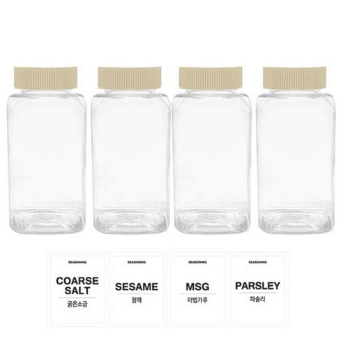 홈앤라이프 투명사각 PET 양념통 200ml 세트, 1세트, 양념통 4p + 미색캡 4p + 스티커 4p(굵은소금 + 참깨 + 마법가루 + 파슬리)