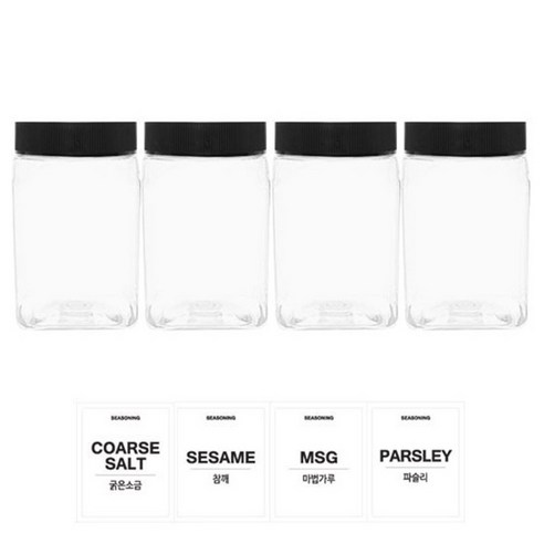 홈앤라이프 투명사각 PET 양념통 350ml 세트, 1세트, 양념통 4p + 검정캡 4p + 스티커 4p(굵은소금 + 참깨 + 마법가루 + 파슬리)