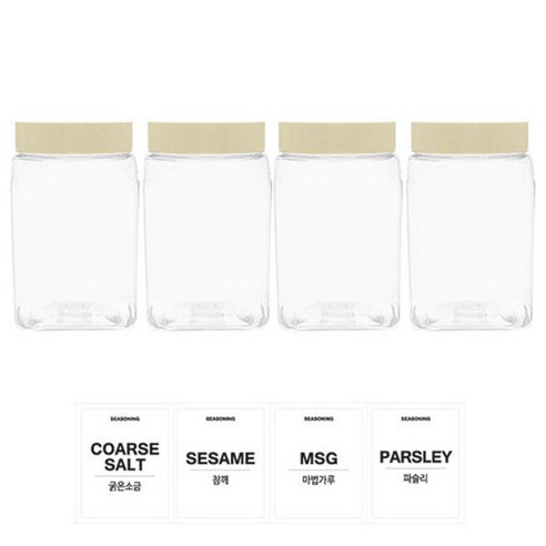 홈앤라이프 투명사각 PET 양념통 350ml 세트, 1세트, 양념통 4p + 미색캡 4p + 스티커 4p(굵은소금 + 참깨 + 마법가루 + 파슬리)