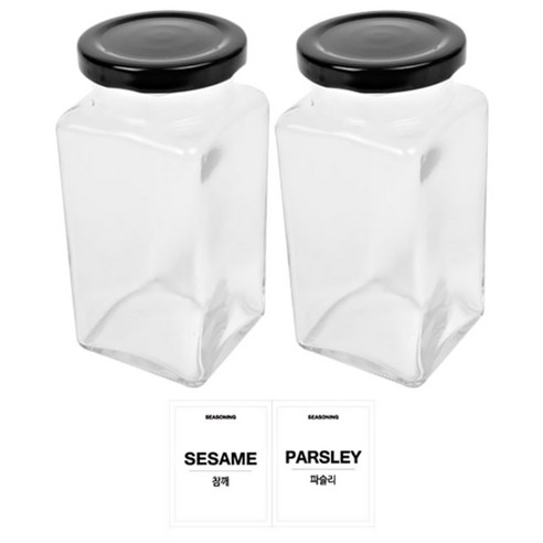 홈앤라이프 유리 양념통 사각 블랙캡 300g 2p 세트, 1세트, 양념통 사각 2p + 투명스티커 (참깨 + 파슬리)