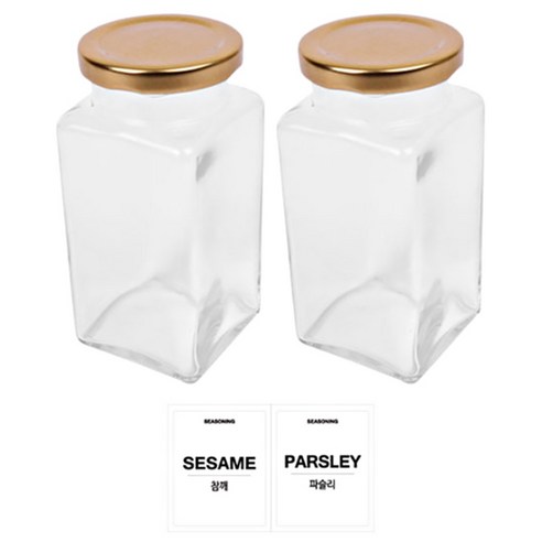 홈앤라이프 유리 양념통 사각 골드캡 300g 2p 세트, 1세트, 양념통 사각 2p + 투명스티커 (참깨 + 파슬리)
