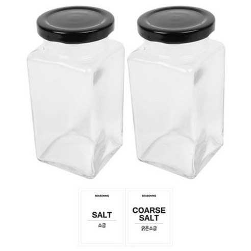 홈앤라이프 유리 양념통 사각 블랙캡 300g 2p 세트, 1세트, 양념통 사각 2p + 투명스티커(소금+굵은소금)