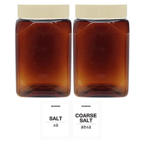 홈앤라이프 갈색 사각 PET 양념통 미색캡 350ml 2p 세트, 1세트, 용기 2p + 뚜껑 2p + 스티커(소금, 굵은소금)