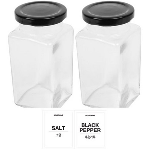 홈앤라이프 유리 양념통 사각 블랙캡 300g 2p 세트, 1세트, 양념통 사각 2p + 투명스티커(소금+후춧가루)