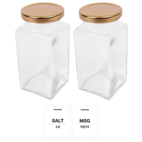 홈앤라이프 유리 양념통 사각 골드캡 300g 2p 세트, 1세트, 용기 2p + 뚜껑 2p + 투명스티커 (소금 + 마법가루)