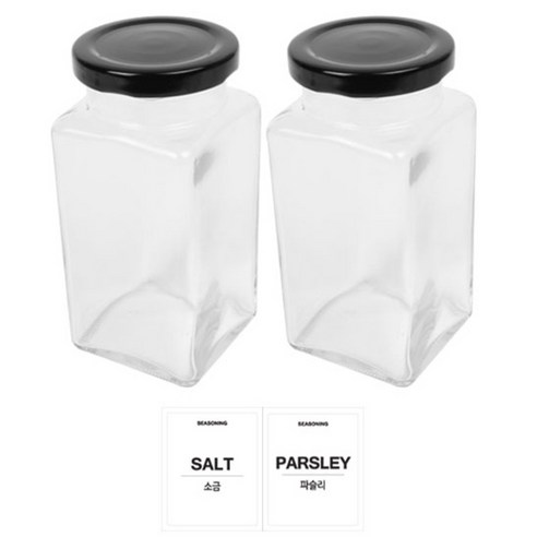 홈앤라이프 유리 양념통 사각 블랙캡 300g 2p 세트, 1세트, 양념통 사각 2p + 투명스티커(소금 + 파슬리)