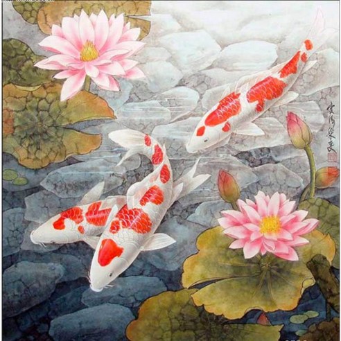 케이엠엘리 5D 연꽃잉어 보석십자수 DIY 45 x 45 cm, 혼합 색상, 1세트