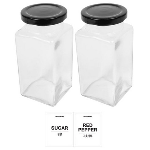 홈앤라이프 유리 양념통 사각 블랙캡 300g 2p 세트, 1세트, 유리양념통 2p + 투명스티커(설탕 + 고춧가루)