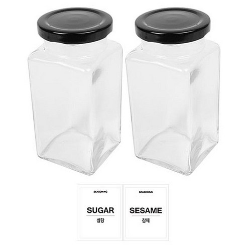 홈앤라이프 유리 양념통 사각 블랙캡 300g 2p 세트, 1세트, 유리 양념통 2p + 투명스티커(설탕 + 참깨)