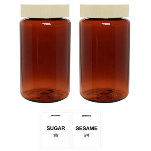 홈앤라이프 갈색원형 PET 양념통 미색캡 300ml 2p 세트, 1세트, PET 양념통 2p + 흰색스티커(설탕 + 참깨)