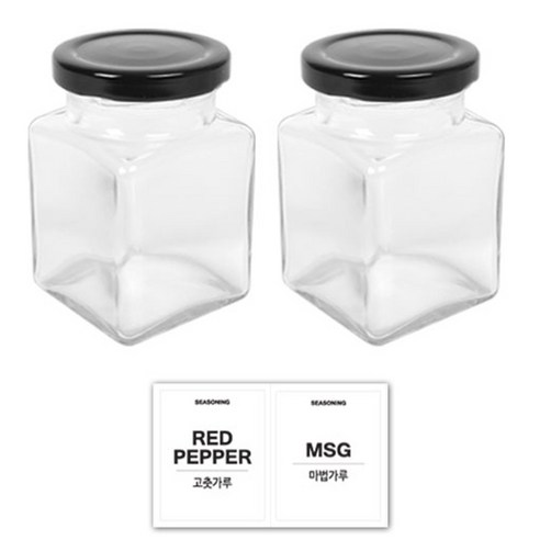 홈앤라이프 유리 양념통 사각 블랙캡 200g 2p 세트, 1세트, 양념통 사각 2p + 투명스티커 (고춧가루 + 마법가루)