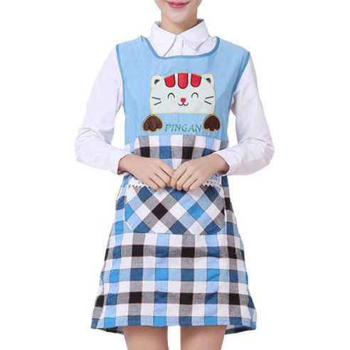 아울리빙 동물 캐릭터 체크 앞치마, 고양이 블루, 1개