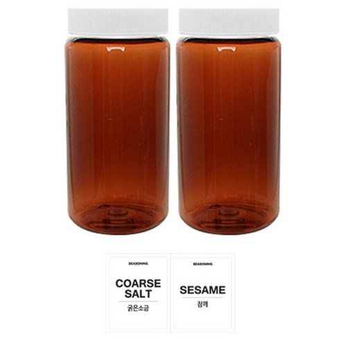 홈앤라이프 갈색원형 PET 양념통 흰색캡 350ml 2p 세트, 1세트, PET 양념통 2p + 흰색스티커 (굵은소금 + 참깨)
