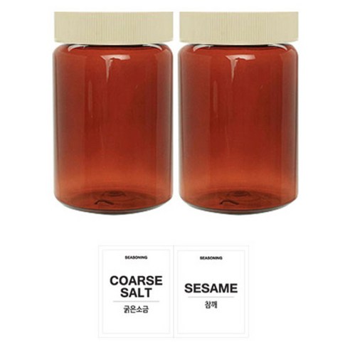 홈앤라이프 갈색원형 PET 양념통 미색캡 250ml 2p 세트, 1세트, PET 양념통 2p + 흰색스티커 (굵은소금 + 참깨)